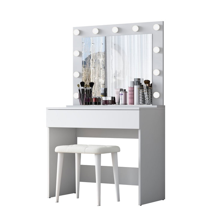 Hanah Home Mesa de Maquillaje con Espejo de 11 Focos y Puff Blanco